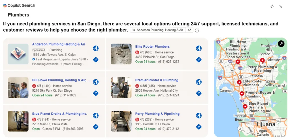 Bing Places and Copilot show local businesses with ratings, photos and directions.