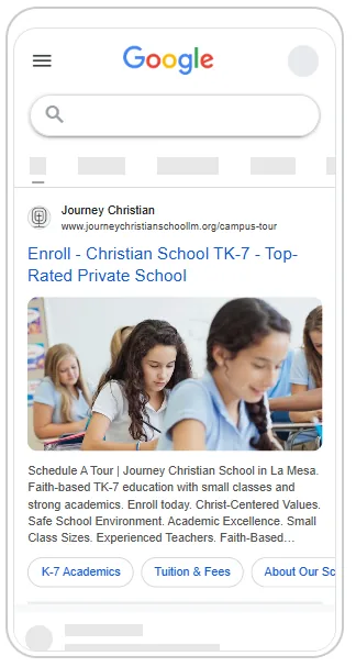 A real Google Ad I built for Journey Christian School in La Mesa, shown in the Google Ads preview.