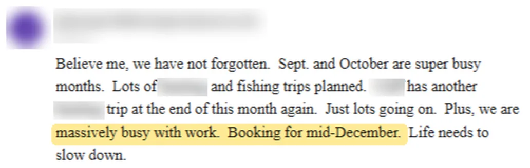 Email from Lemon Grove Stucco's owner, October 2026. Names blurred for privacy.