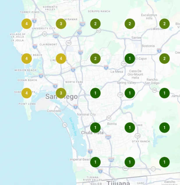 A real Local Falcon scan: Lemon Grove Stucco ranking #1–2 across San Diego County after optimization.
