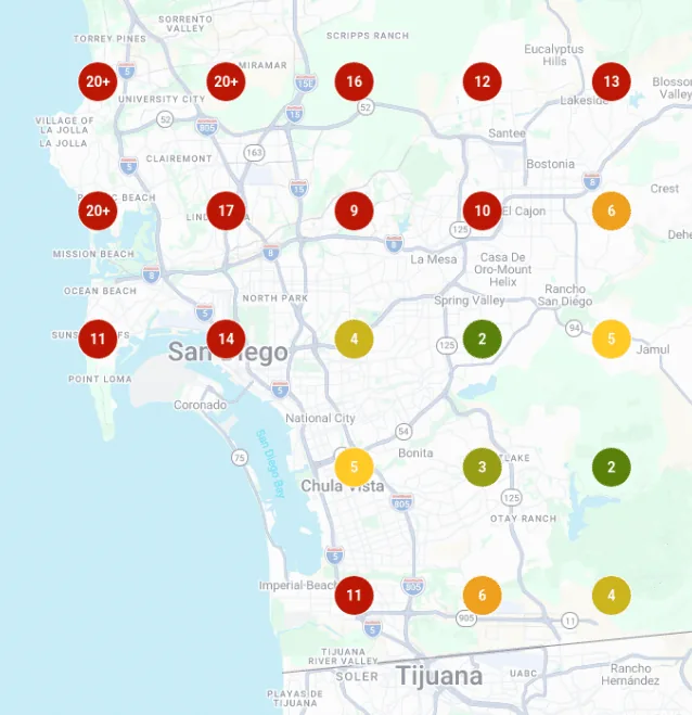 Before: ranking 9–20+ across most of San Diego