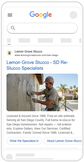 A real Google ad for a stucco contractor client