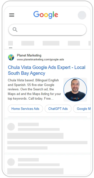 Planet Marketing's own Google ad