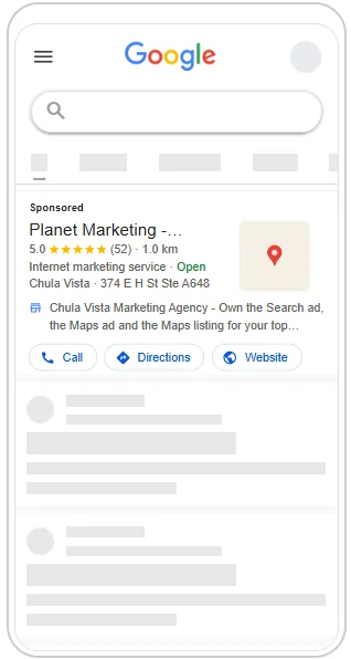 My own sponsored Google Maps ad for Planet Marketing, from the Google Ads preview tool.