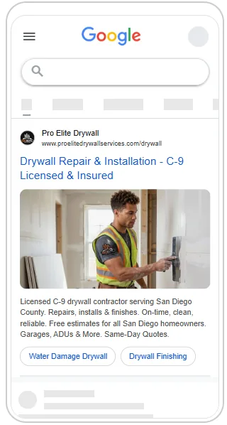 A real Google Ad I built for Pro-Elite Dry Wall Services in San Diego, shown in the Google Ads preview.