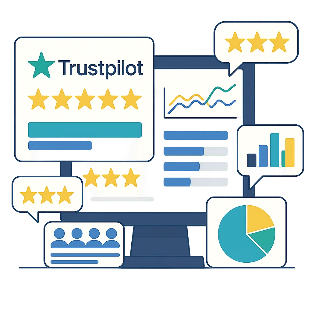 Illustration showing Trustpilot reviews, star ratings, analytics charts, and user feedback icons