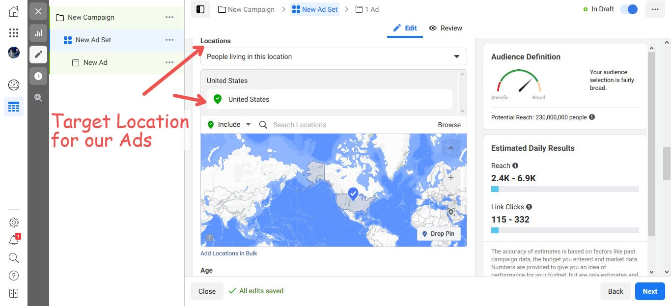 Choose the location(s) for delivery of your Facebook Ads