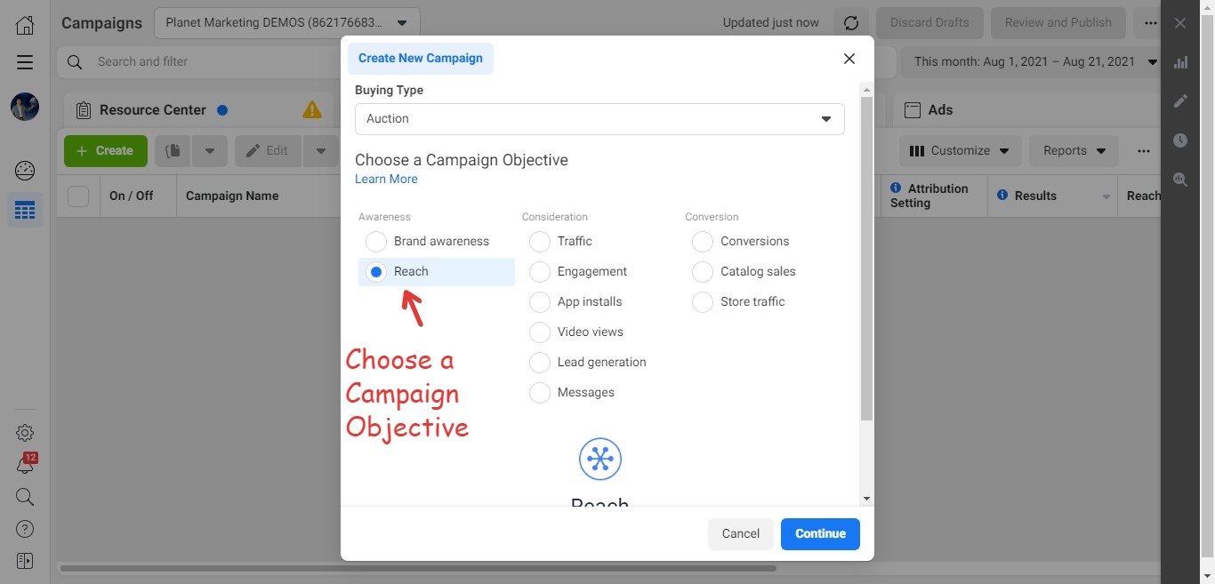 Facebook ads for authors campaign objective