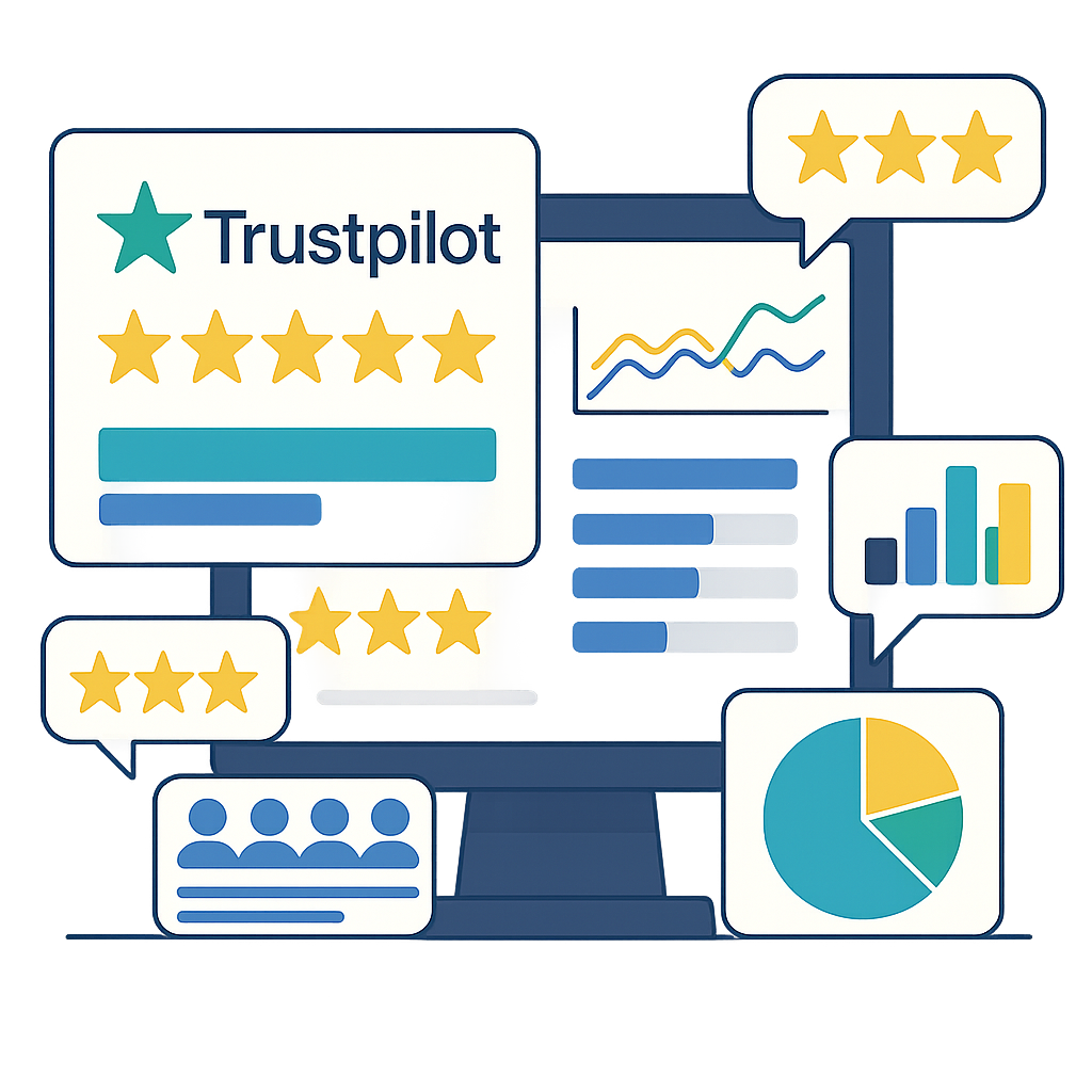 Trustpilot review comparison and rating illustration Illustration showing Trustpilot reviews, star ratings, analytics charts, and user feedback icons