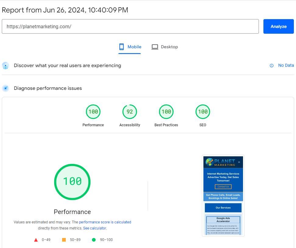 Planet Marketing's PageSpeed Insights Score