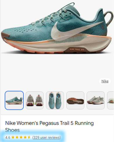 Right-hand Google Shopping panel showing a product page with star ratings and user review count.