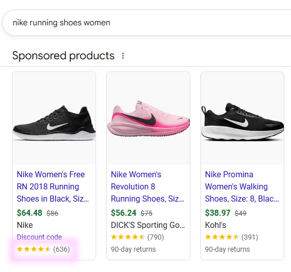 Google Shopping Ads example showing product listings with star ratings under each item in sponsored results.