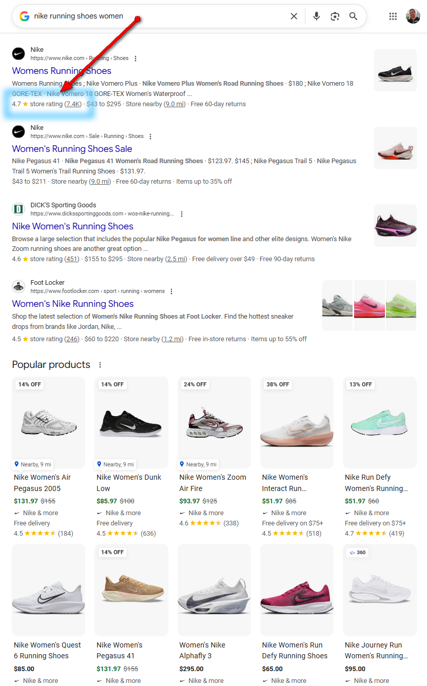 Example of Google Store Ratings displayed on Nike’s website in Google search results for women’s running shoes.