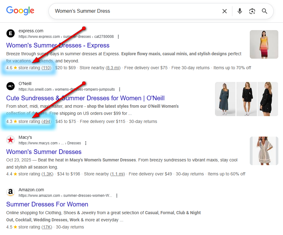 Example of Google Store Ratings with star reviews displayed in organic search results for ecommerce products.