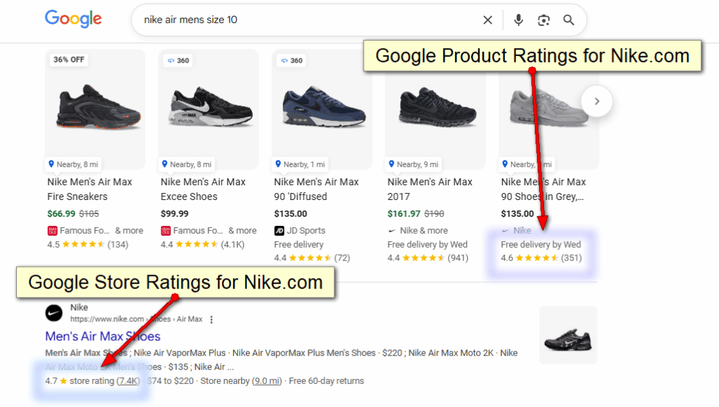 Google search results showing the difference between Google Store Ratings and Google Product Ratings for Nike.com.