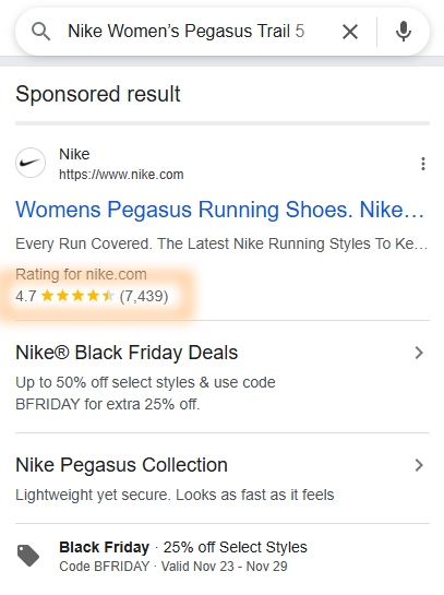 Example of Google Store Ratings appearing under nike.com in a Google Ads search result.