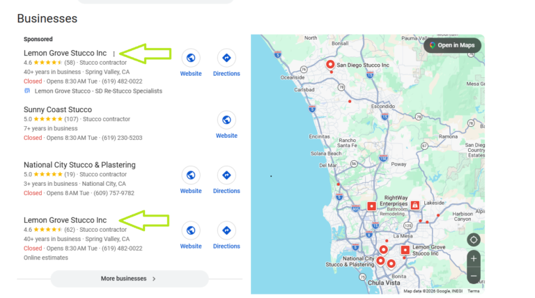 Paid ad + organic Maps listing for the same search