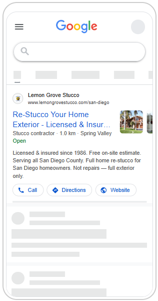 Local Search Ad with Image Maps Format - Lemon Grove Stucco sponsored Maps placement