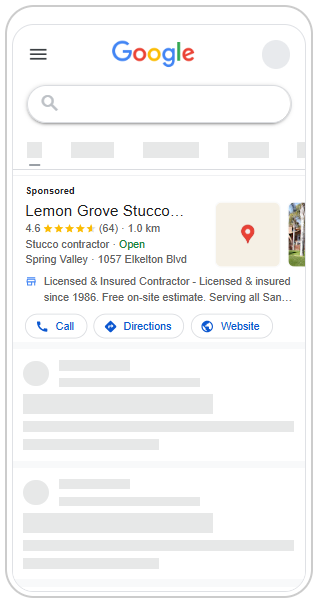 Local Search Ad with Location Extension - Lemon Grove Stucco showing stars rating and map