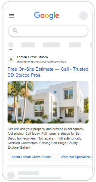 Responsive Search Ad with Image Extension - Lemon Grove Stucco San Diego