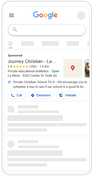 Journey Christian School Google Ad - Local Search Ad with Location Extension showing 5 star rating