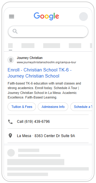 Journey Christian School Google Ad - Responsive Search Ad with Call and Location Extension