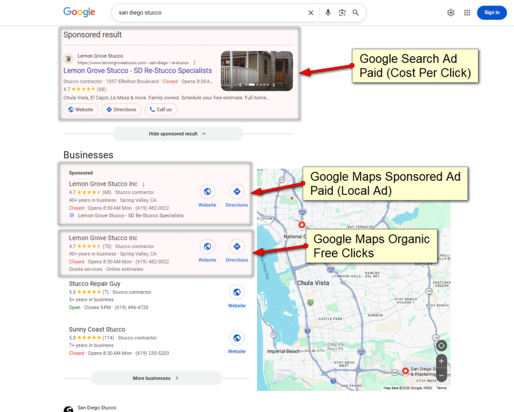 Lemon Grove Stucco appearing three times on the same Google search — a Google Search ad, a Google Maps sponsored ad, and a Google Maps organic listing for the keyword san diego stucco
